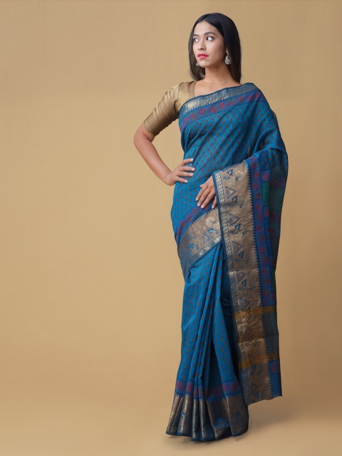

Unnati Silks Blue & Gold-Coloured Silk Cotton Woven Design Handloom Saree
