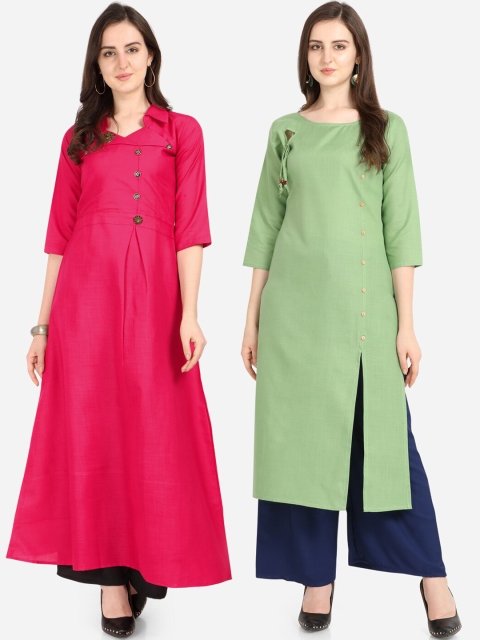 Florence Women Pack of 2 Pink & Green Solid A-Line Kurta