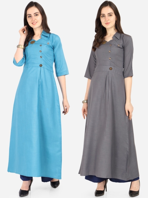 

Florence Women Pack of 2 Turquoise Blue & Grey Solid A-Line Kurta