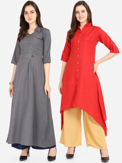 

Florence Women Pack Of 2 Grey & Red Solid A-Line Kurta