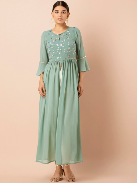 

INDYA Sage Embroidered Front Slit Maxi Tunic, Green