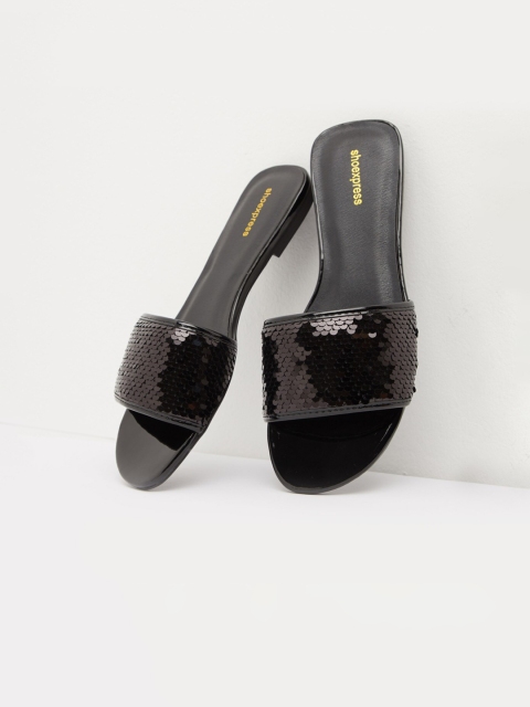 

shoexpress Women Black Embellished PU Open Toe Flats