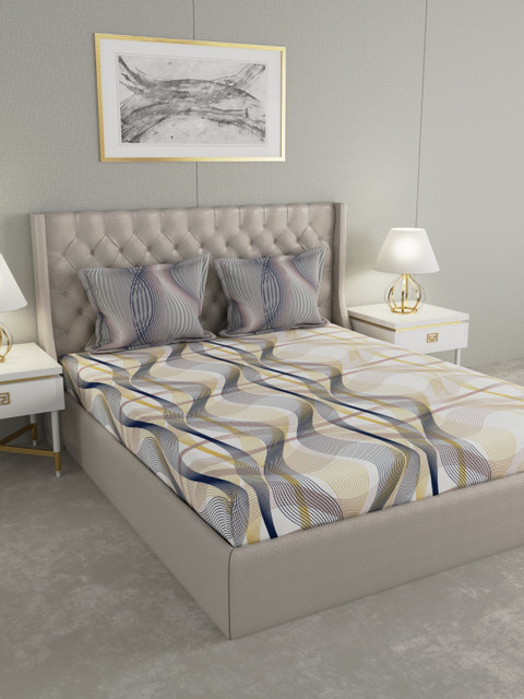 

Raymond Home White & Yellow Printed 144 TC Bedsheet With 2 Pillow Covers