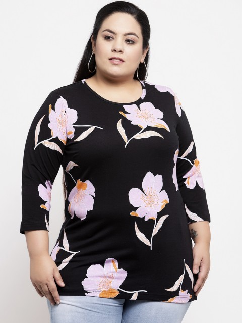 

plusS Women Black Floral Printed Longline Top