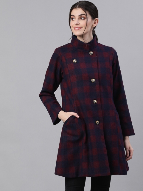 

Ishin Women Burgundy & Blue Checked Lightweight Woolen Tailored Longline Jacket