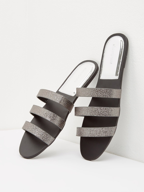

shoexpress Women Silver-Toned Embellished PU Open Toe Flats