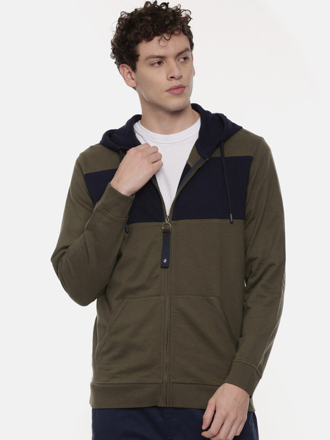 

Breakbounce Men Olive Green & Black Colourblocked Hooded Sweatshirt