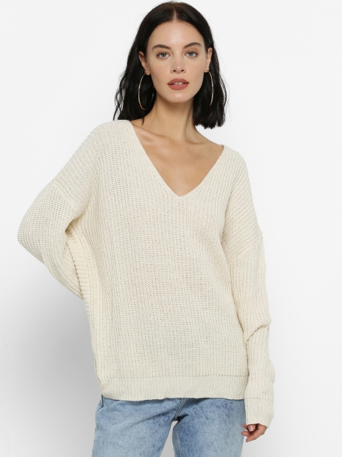 

Forever 21 Women Cream Self Design Styled Back Sweater