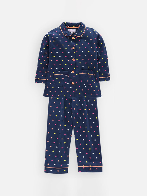 

Nite Flite Girls Navy & Pink Printed Night Suit, Navy blue
