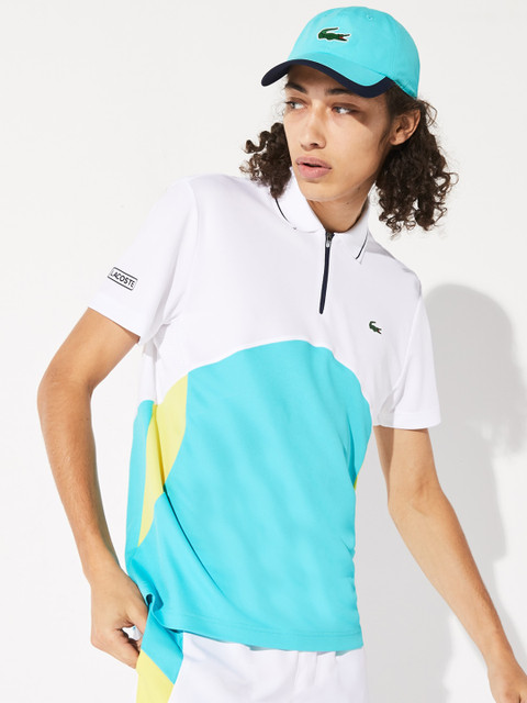 

Lacoste Men Blue & White Colourblocked Mandarin Collar T-shirt