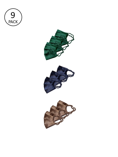 

Bellofox Women Pack of 9 Solid Satin 3-Ply Anti-Pollution Reusable Cloth Masks, Green