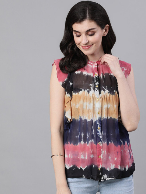

Ishin Women Multicoloured Dyed Shirt Style Pure Cotton Top, Multi