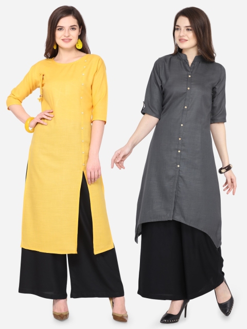

Florence Women Pack Of 2 Solid A-Line Kurtas, Yellow