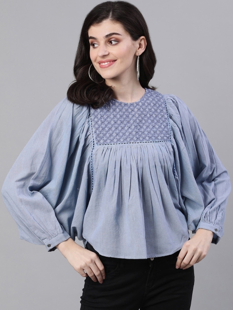

Ishin Women Blue Embroidered A-Line Top