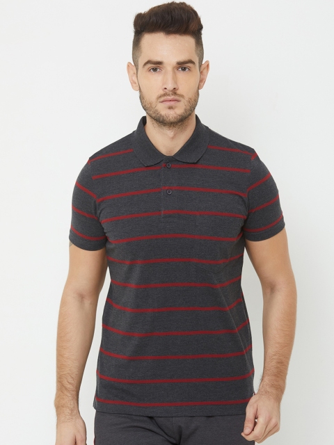 

Sweet Dreams Men Charcoal Grey & Red Striped Polo Collar T-shirt