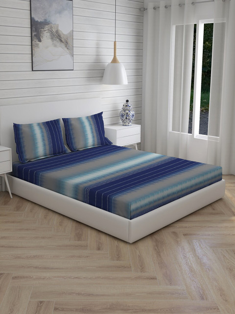 

Boutique Living India Blue Striped 200TC Cotton Bed Cover With 2 Pillow Covers