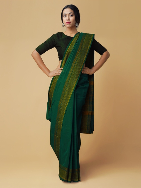 

Unnati Silks Green Pure Cotton Solid Kanjeevaram Handloom Saree