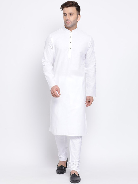 

NAMASKAR Men White & Orange Solid Kurta with Churidar