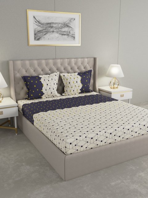 

Raymond Home White & Navy Blue Printed Bedsheet With 2 Pillow Covers