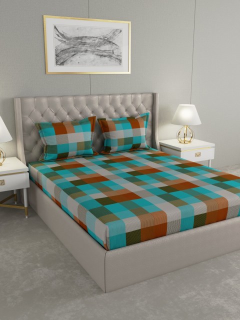 Raymond Home Orange & Teal Blue Geometric 104 TC Double Queen Bedsheet With 2 Pillow Covers