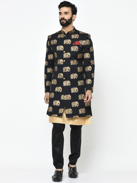 

KISAH Men Black & Gold-colored Printed Sherwani Set