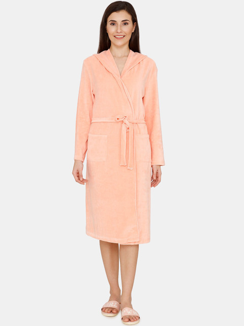 

Zivame Women Peach-Colour Solid Relaxed-Fit Velvet Bathrobe