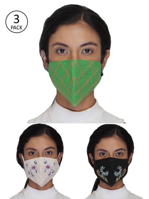 

Anekaant Women Pack of 3 Embroidered 3-Ply Anti-Pollution Reusable Cloth Masks, Black