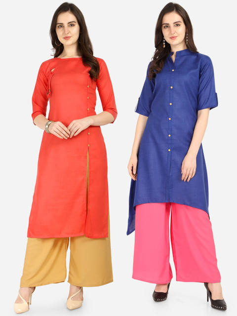 

Florence Women Pack Of 2 Solid A-Line Kurtas, Peach