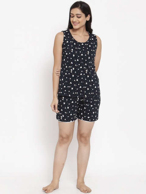

VOXATI Women Navy Blue & White Floral Printed Night Suit
