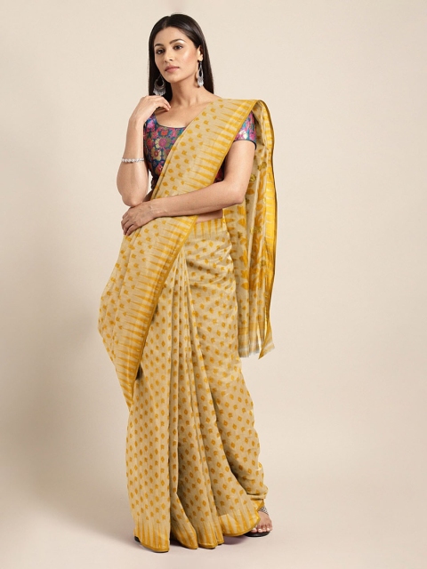

Mitera Yellow & Beige Silk Cotton Printed Jamdani Saree