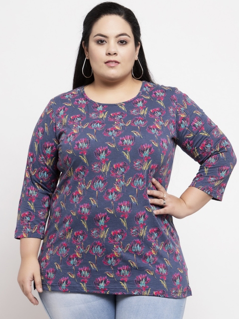 

plusS Women Navy Blue Printed Pure Cotton Top