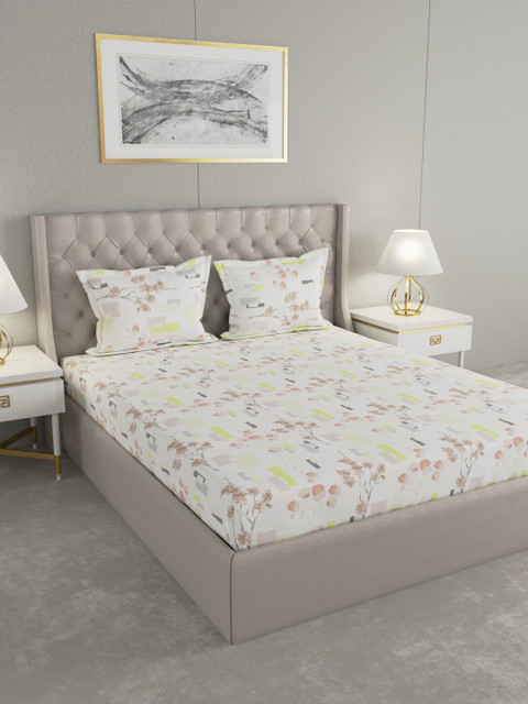 

Raymond Home White & Peach-Colour Floral 104 TC Cotton 1 Queen Bedsheet With 2 Pillow Covers