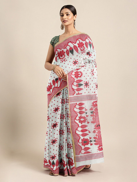 

Mitera White & Red Silk Cotton Woven Design Jamdani Saree