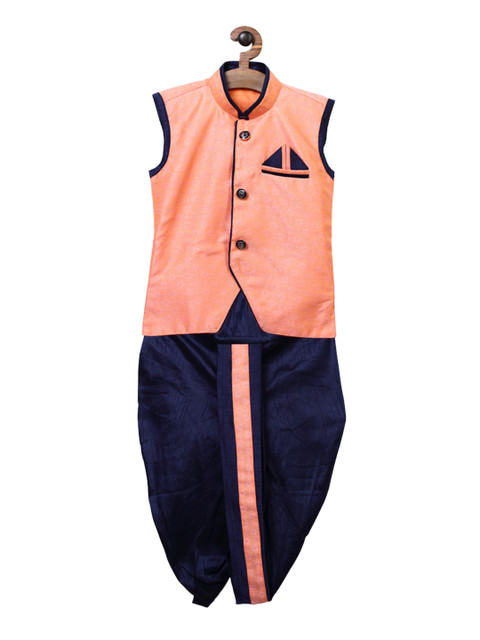 

Ridokidz Boys Pink & Blue Solid Waistcoat with Dhoti Pants