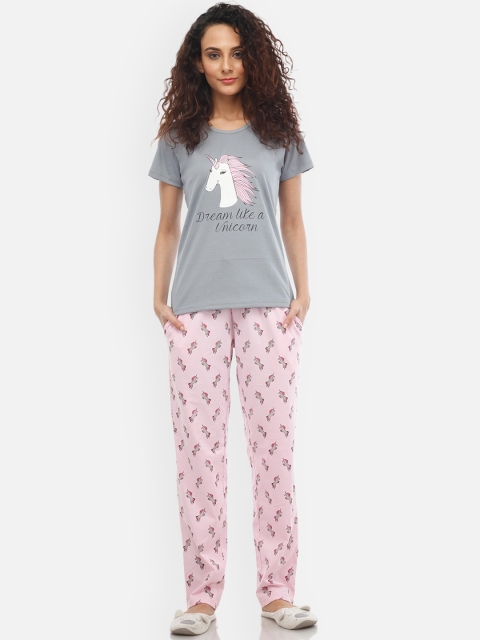 Nite Flite Women Grey & Pink Printed Nightsuit
