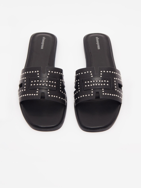 

shoexpress Women Black Embellished PU Open Toe Flats