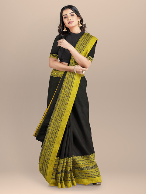 

BharatSthali Black & Yellow Pure Cotton Solid Taant Saree