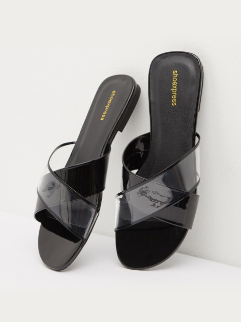 

shoexpress Women Black Solid PU Open Toe Flats
