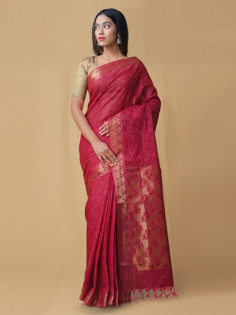

Unnati Silks Pink & Gold-Toned Pure Cotton Woven Design Mysore Silk Handloom Saree