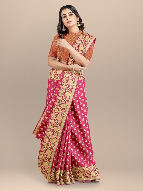 

BharatSthali Magenta & Gold-Toned Silk Cotton Woven Design Banarasi Saree