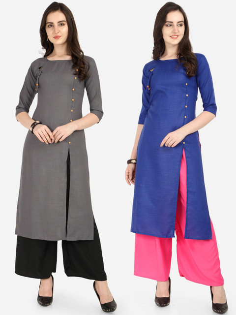 

Florence Women Grey & Blue Solid A-Line Kurta