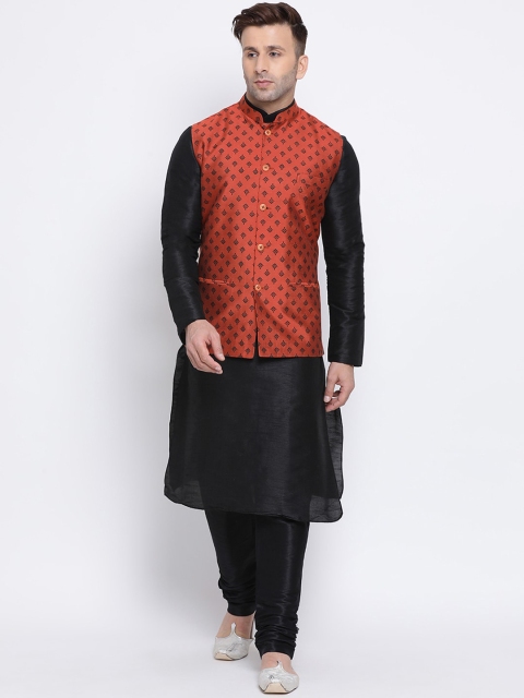 

NAMASKAR Men Black & Maroon Solid Kurta with Churidar & Nehru Jacket