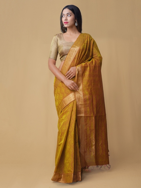 

Unnati Silks Mustard Yellow & Red Handloom Pure Cotton Woven Design Mysore Silk Saree