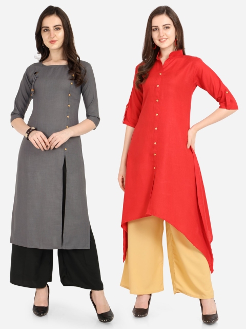 

Florence Women Grey & Red Solid A-Line Kurta