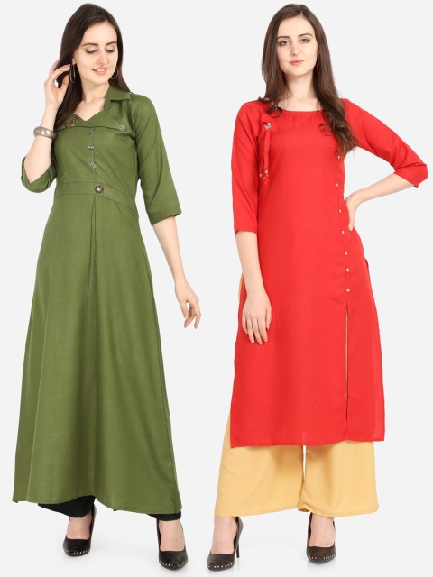 

Florence Women Green & Red Solid A-Line Kurta