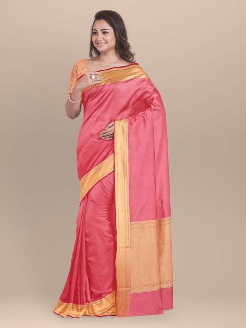 

BharatSthali Peach & Gold Silk Cotton Solid Banarasi Sustainable Saree