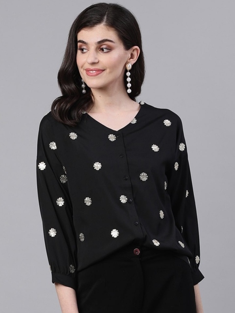 

Ishin Women Black Embroidered Shirt Style Top