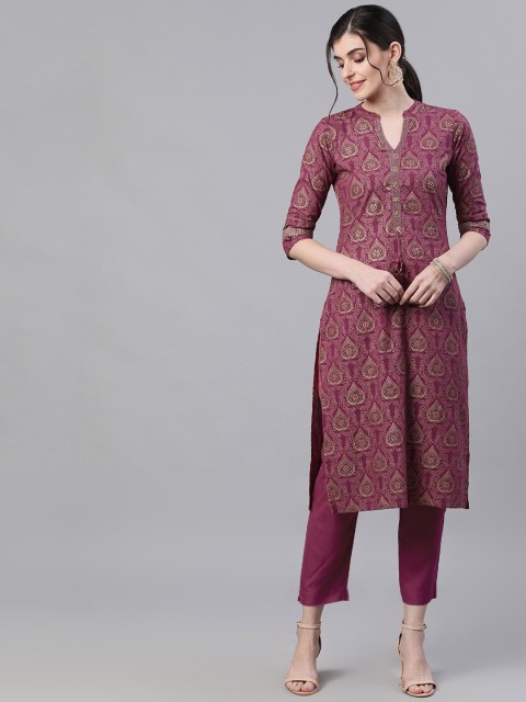 

Ishin Women Purple & Gold-Toned Printed Straight Kurta