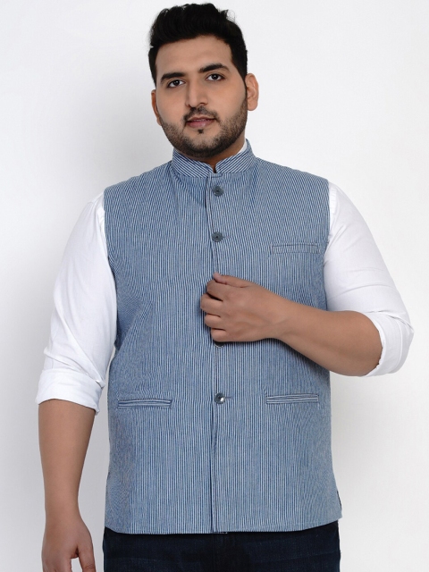 

John Pride Men Blue & White Striped Nehru Jacket