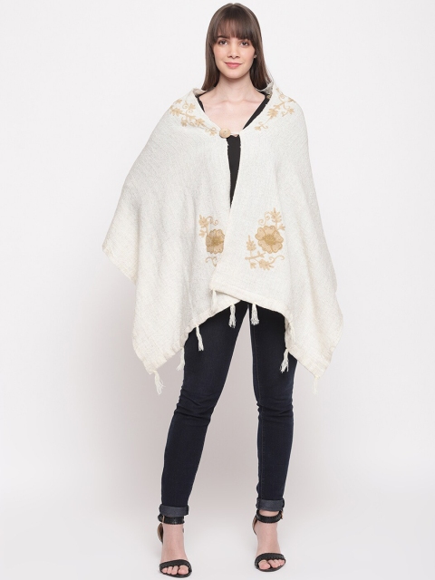 

HK colours of fashion Women Off White & Gold-Coloured Embroidered Woollen Poncho